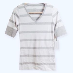 CALVIN KLEIN Womens Striped Heather Gray White V Neck Top MEDIUM Casual Tee